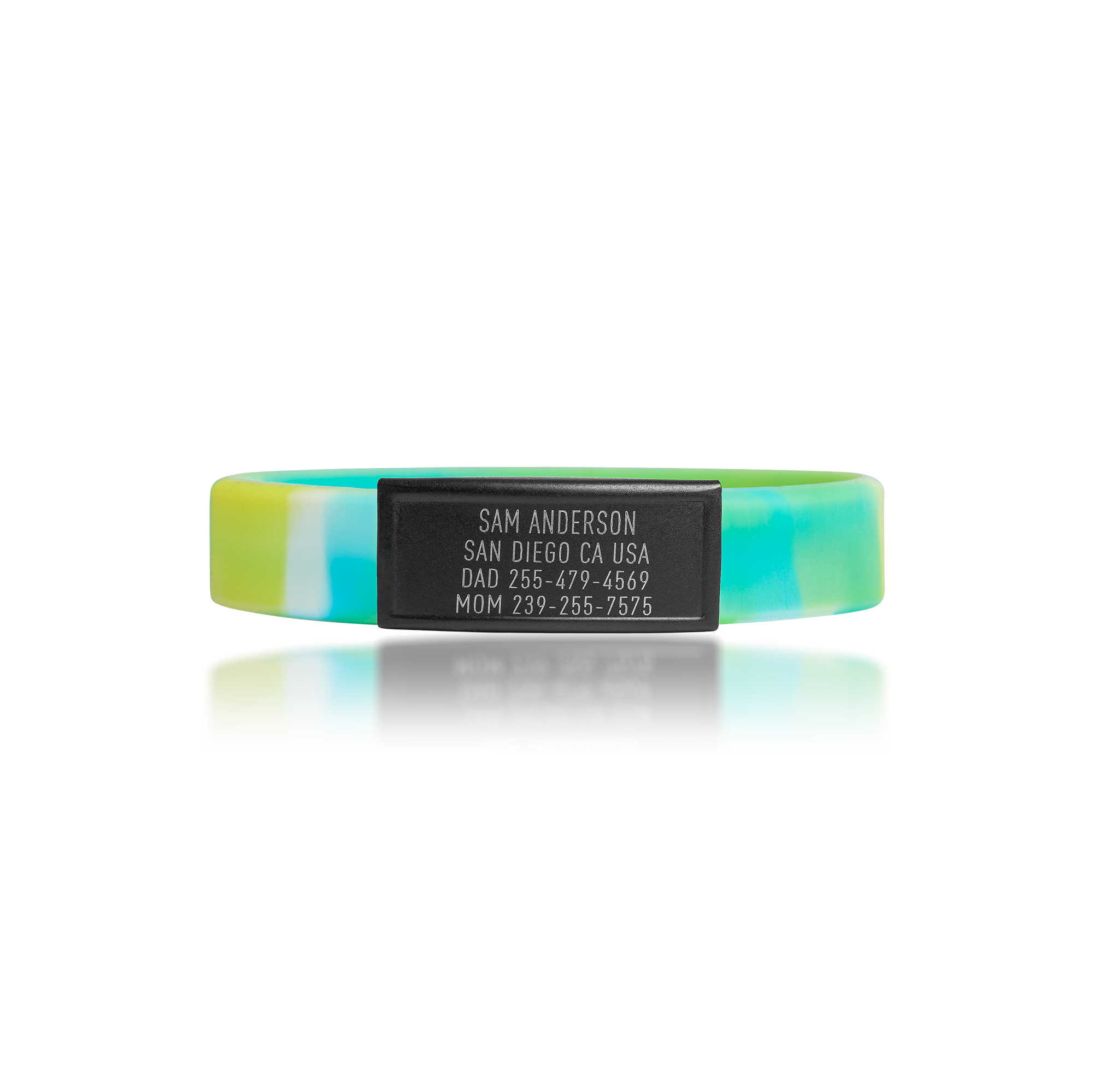 Blue, Green and Yellow silicone with Black ID tag Sprint wristband by BRECK iD