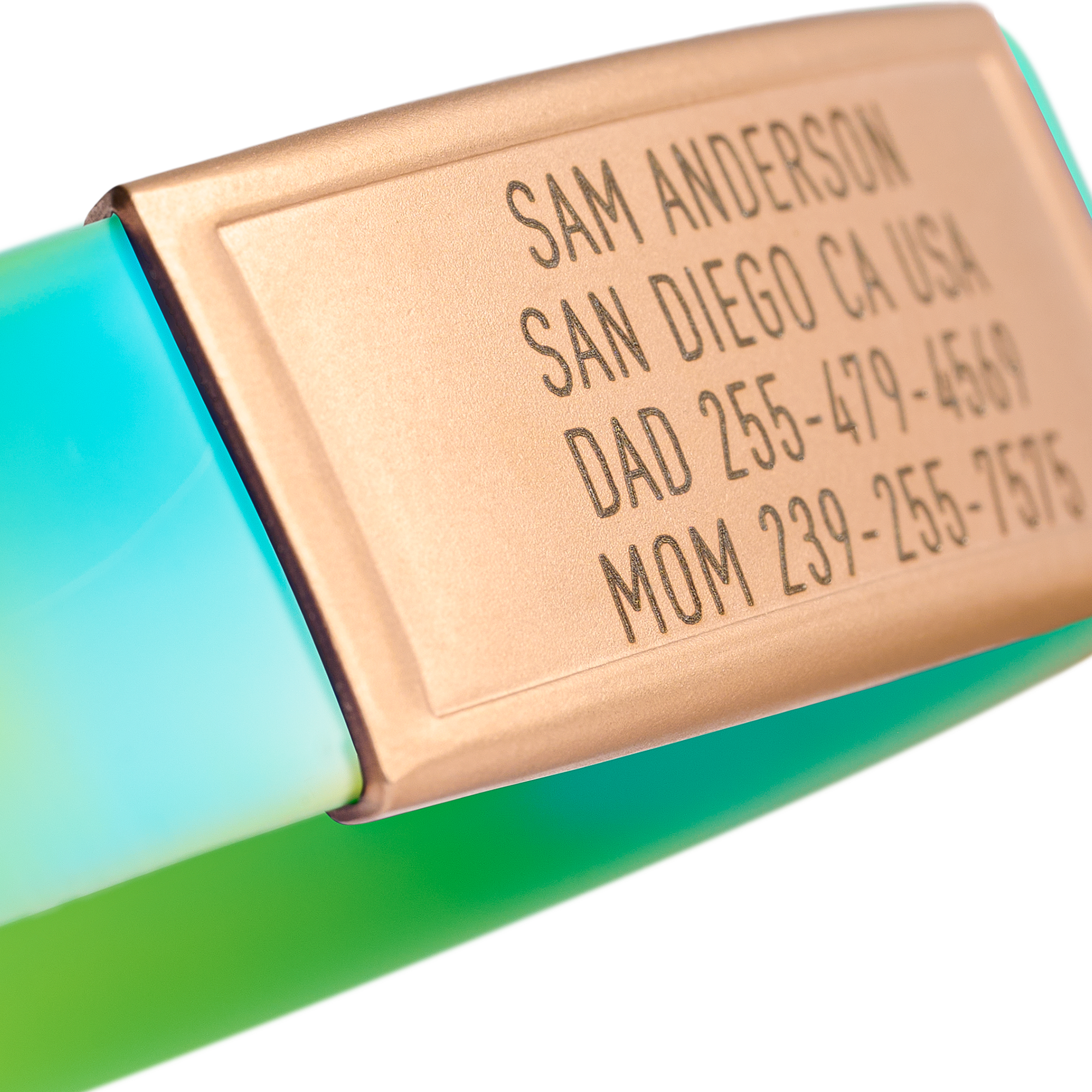 Close-up of Blue, Green and Yellow silicone with Gold ID tag Sprint wristband by BRECK iD