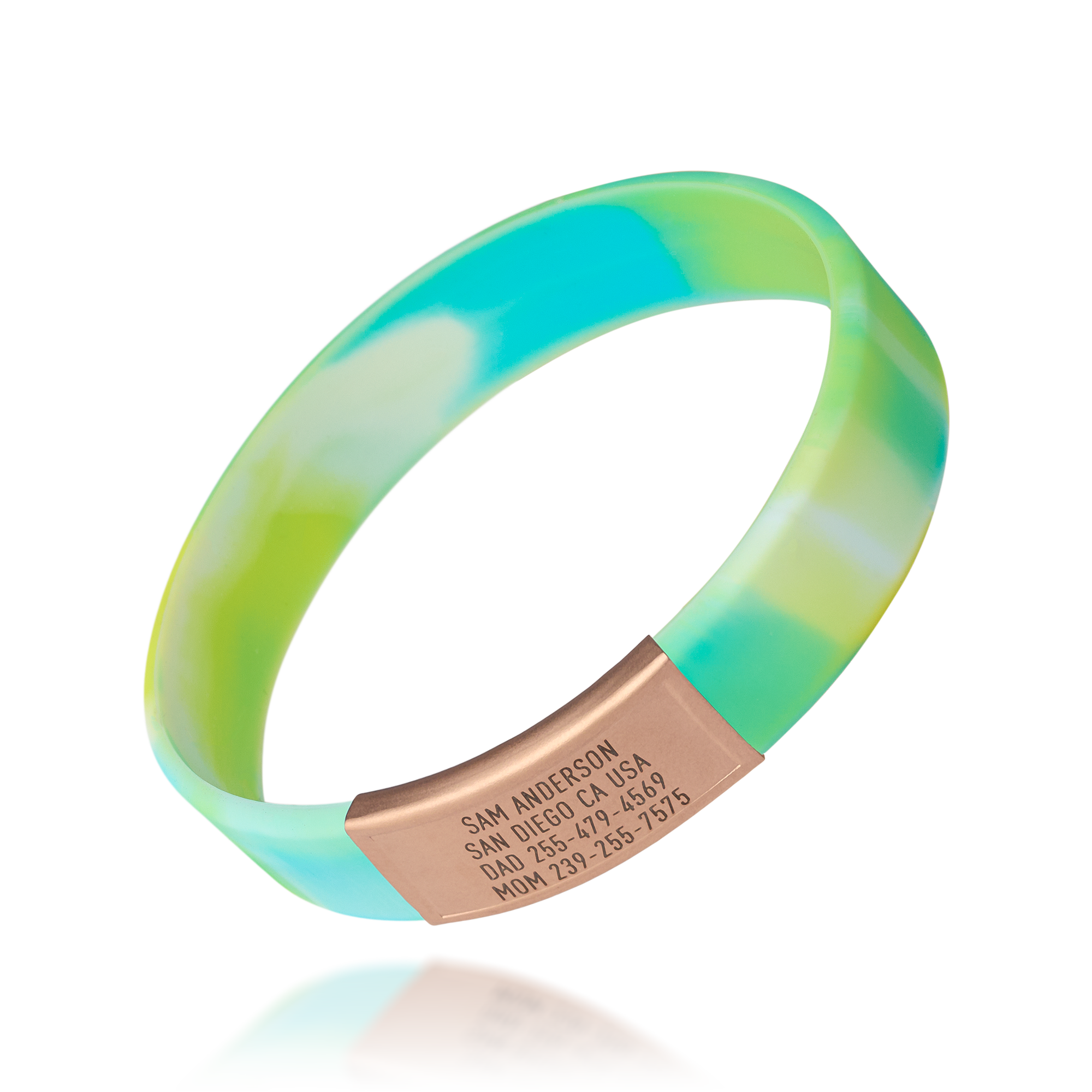 Blue, Green and Yellow silicone with Gold ID tag Sprint wristband