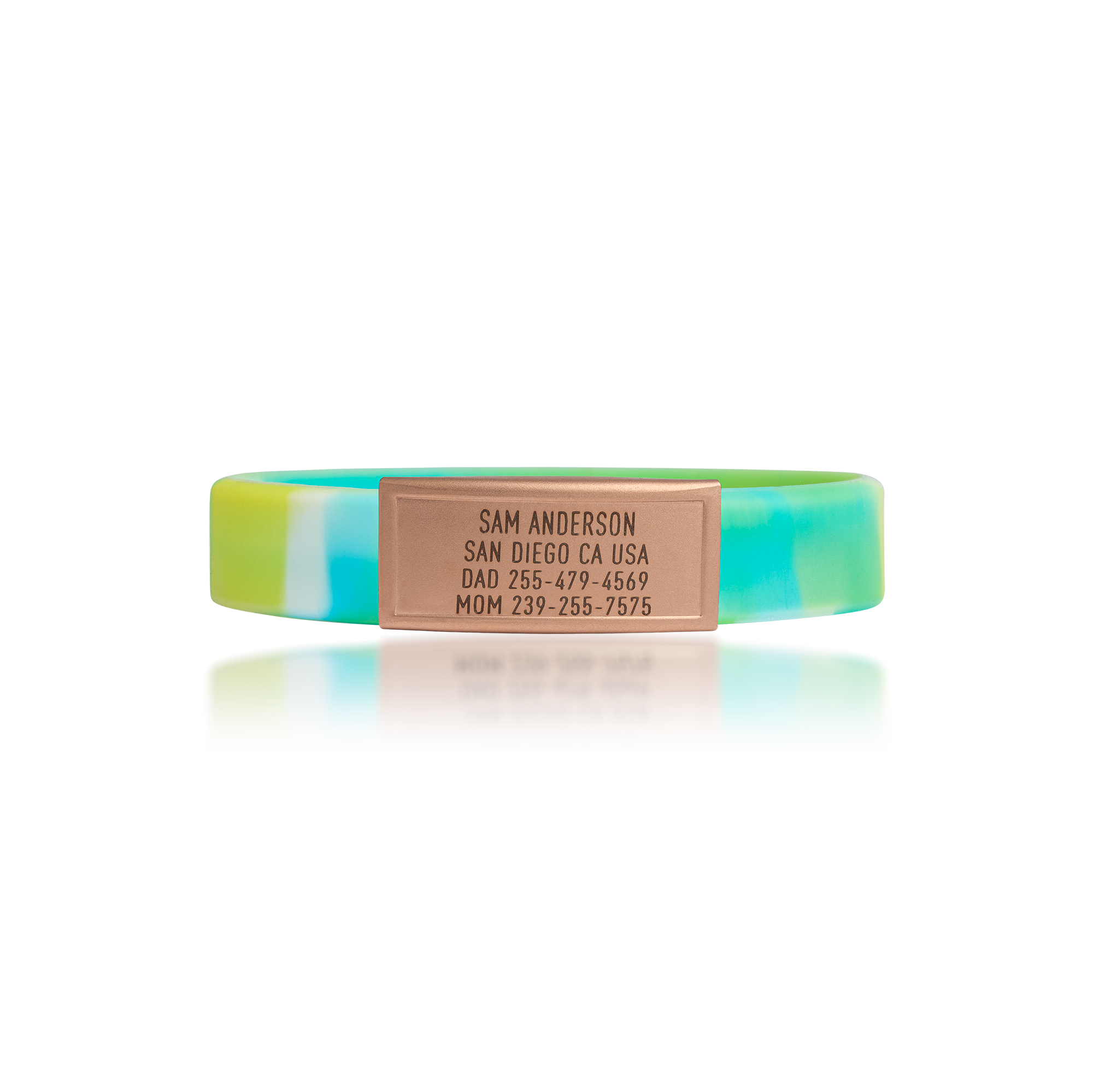 Blue, Green and Yellow silicone with Gold ID tag Sprint wristband by BRECK iD