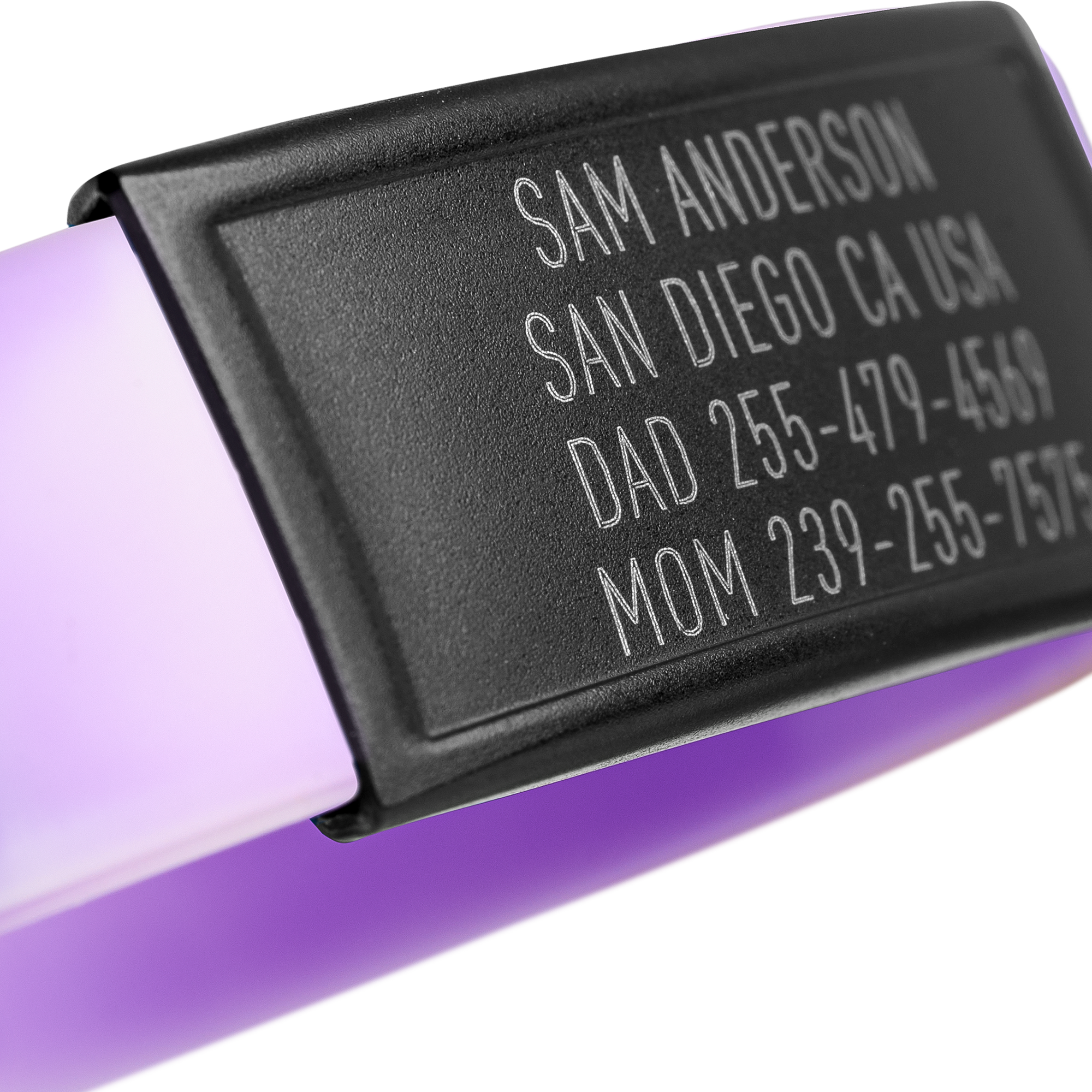 Close-up of Purple and White silicone with Black ID tag Sprint wristband by BRECK iD