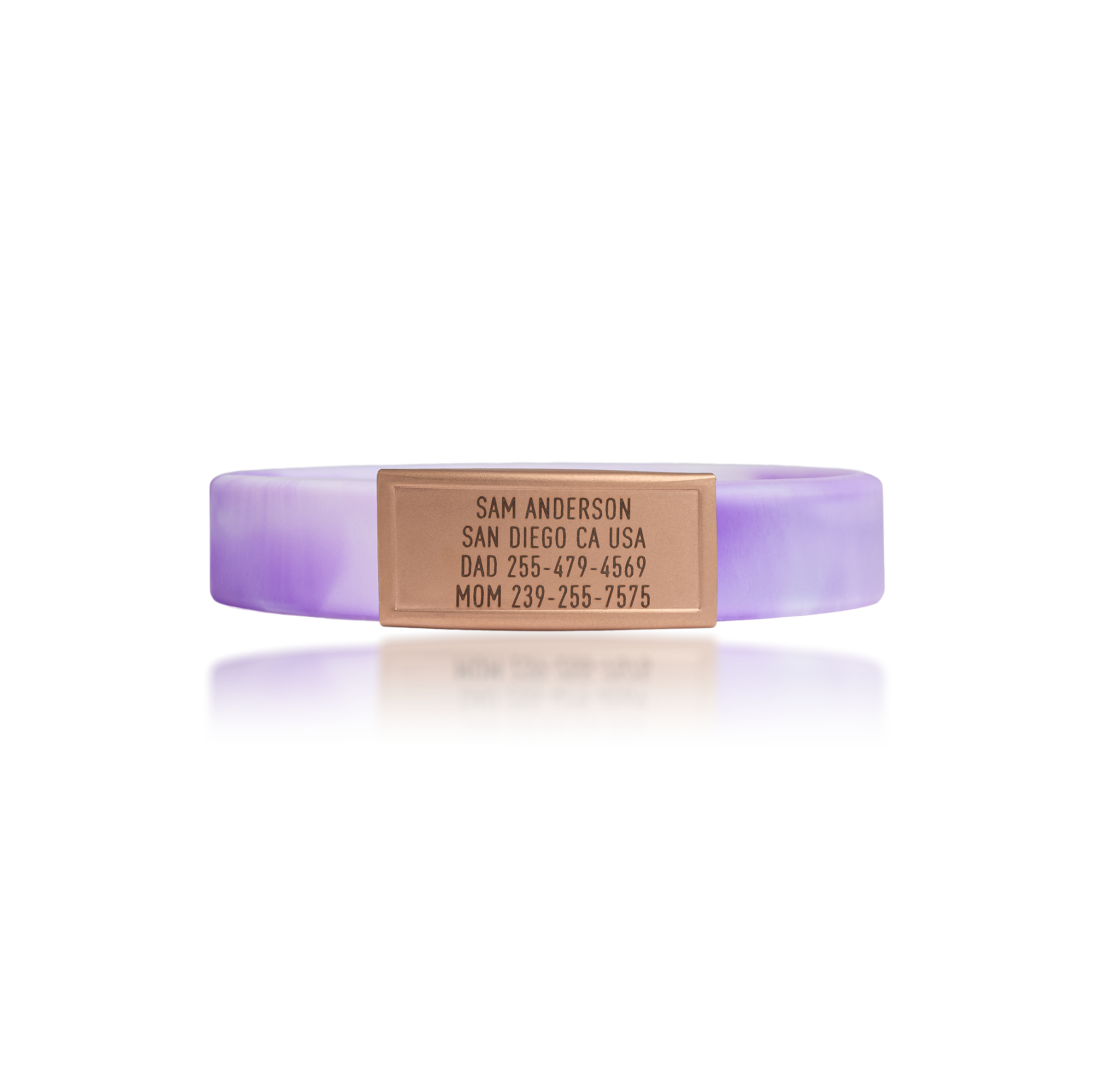 Purple and White silicone with Gold ID tag Sprint wristband by BRECK iD