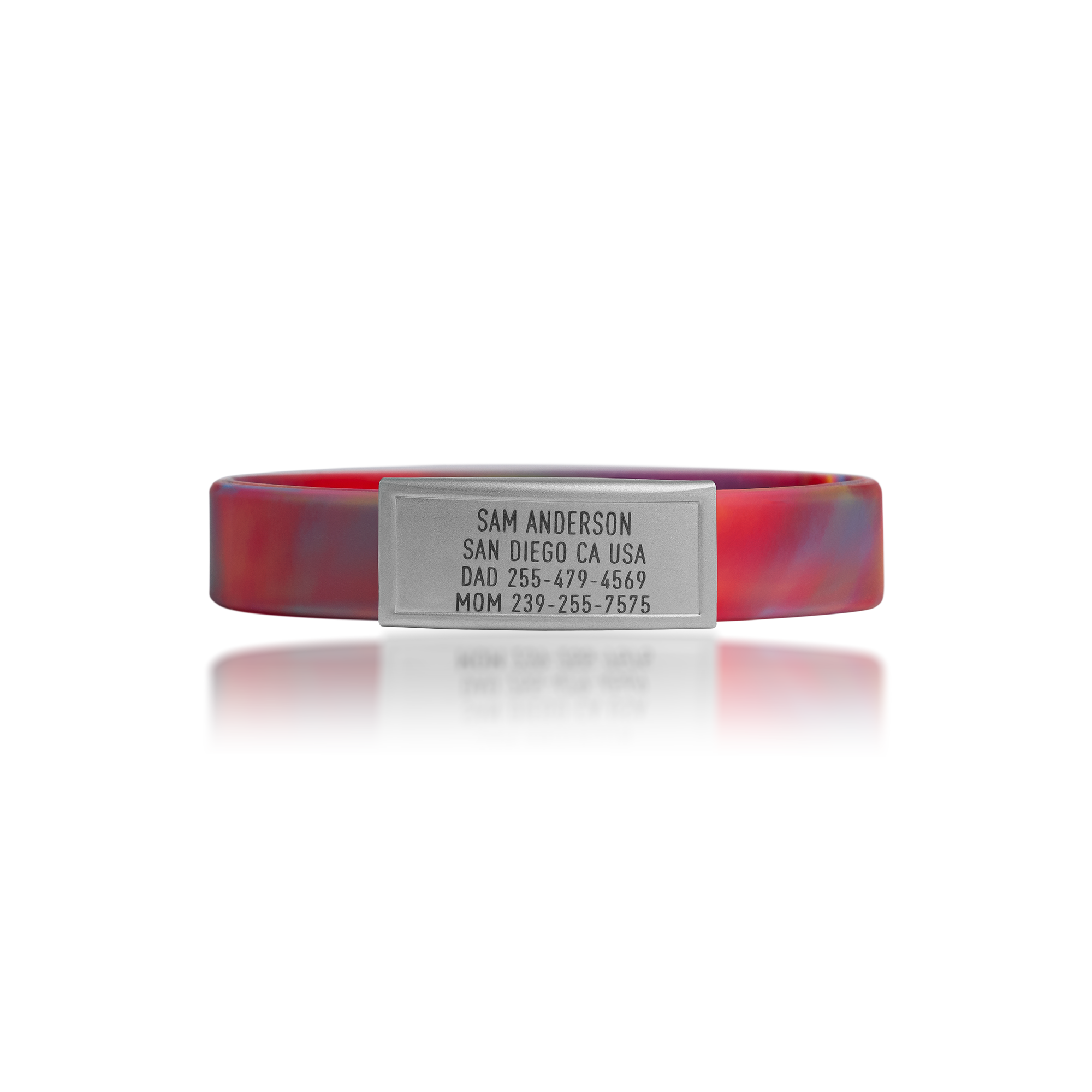 Red, Blue and Yellow silicone with Silver ID tag Sprint wristband by Breck iD