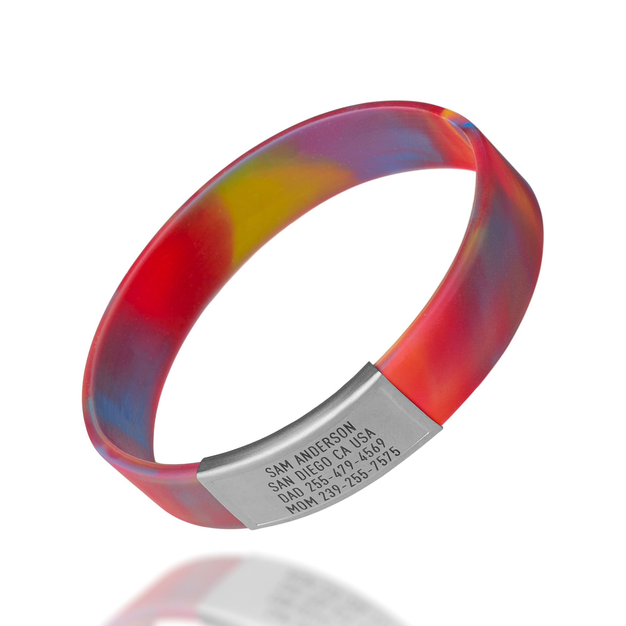 Red, Blue and Yellow silicone with Silver ID tag Sprint wristband