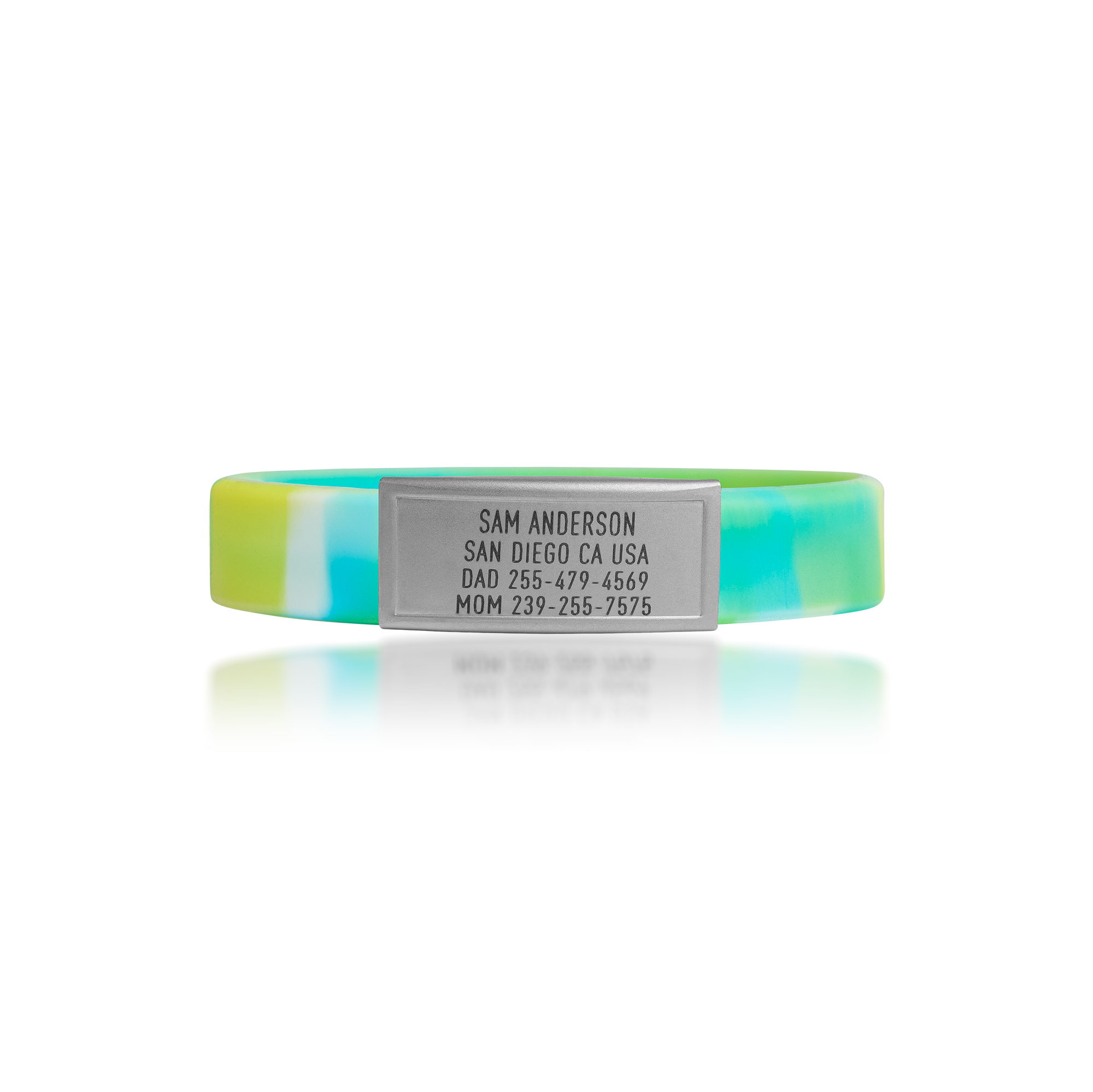 Green, Blue and Yellow silicone with Silver ID tag Sprint wristband by BRECK iD