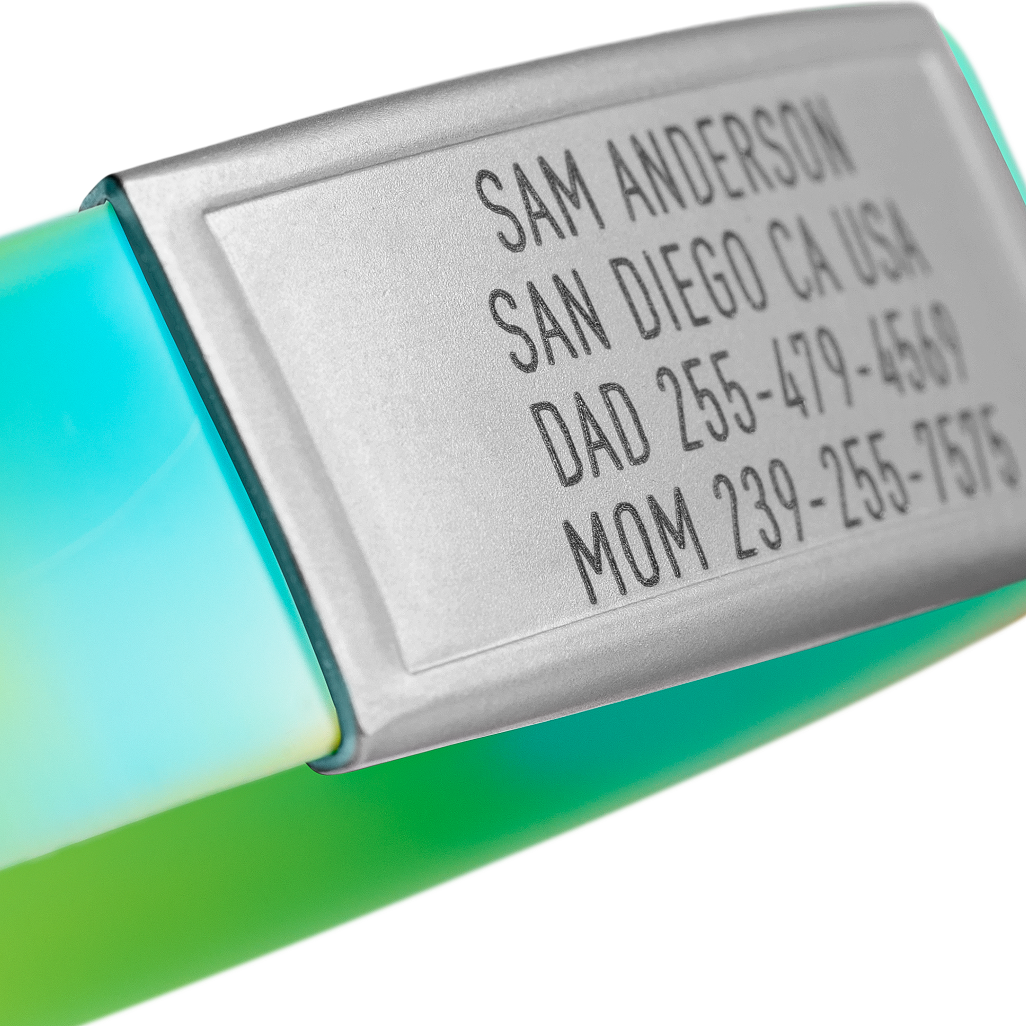 Close-up of a Green, Yellow and Blue silicone with Silver ID tag Sprint wristband by BRECK iD