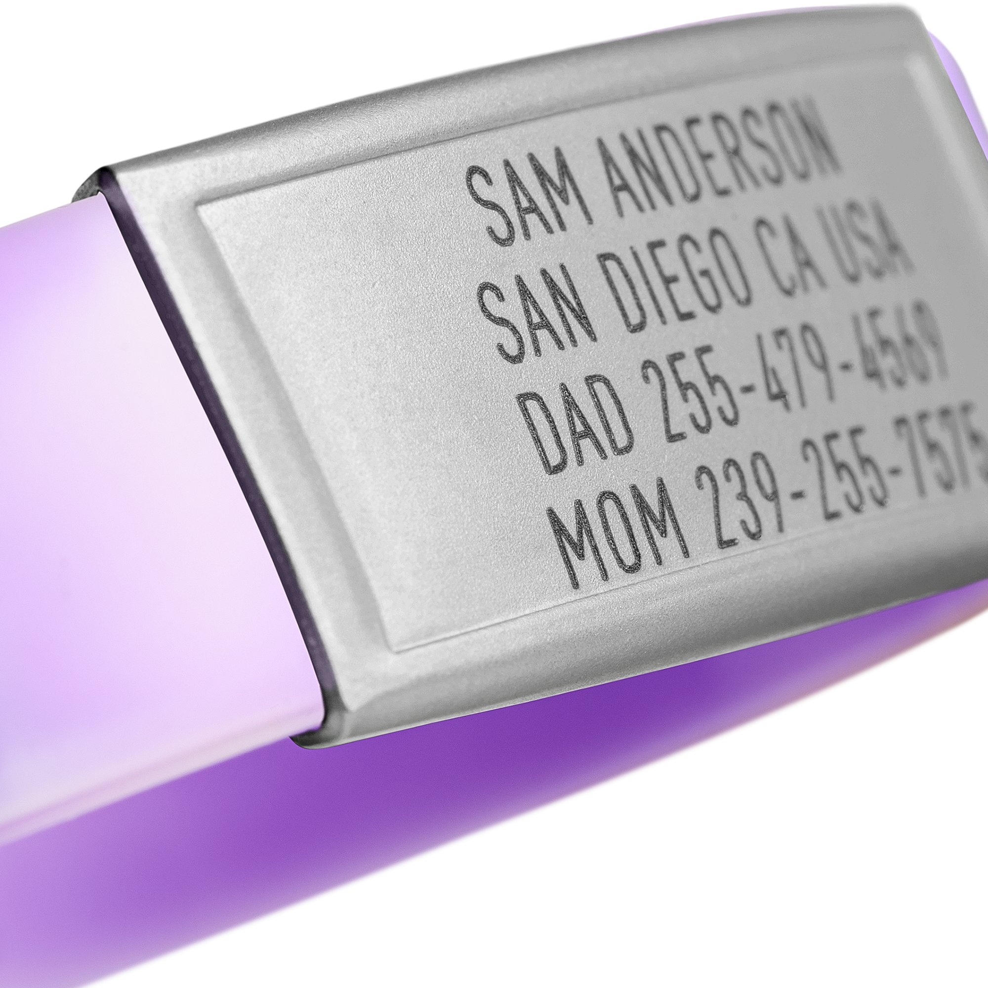 Close-up of a Purple and White silicone with Silver ID tag Sprint wristband by BRECK iD