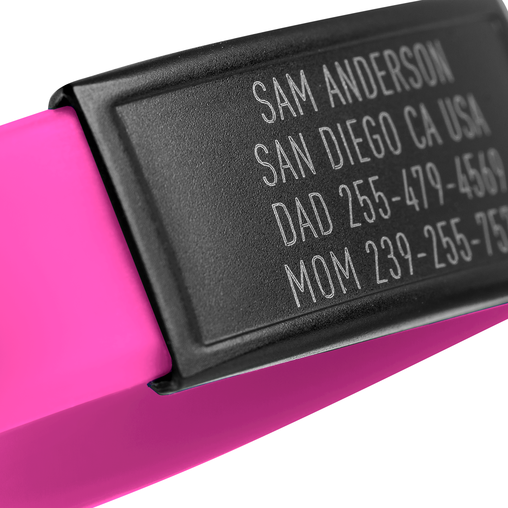 Close-up of Pink silicone with Black ID tag Sprint wristband by BRECK iD