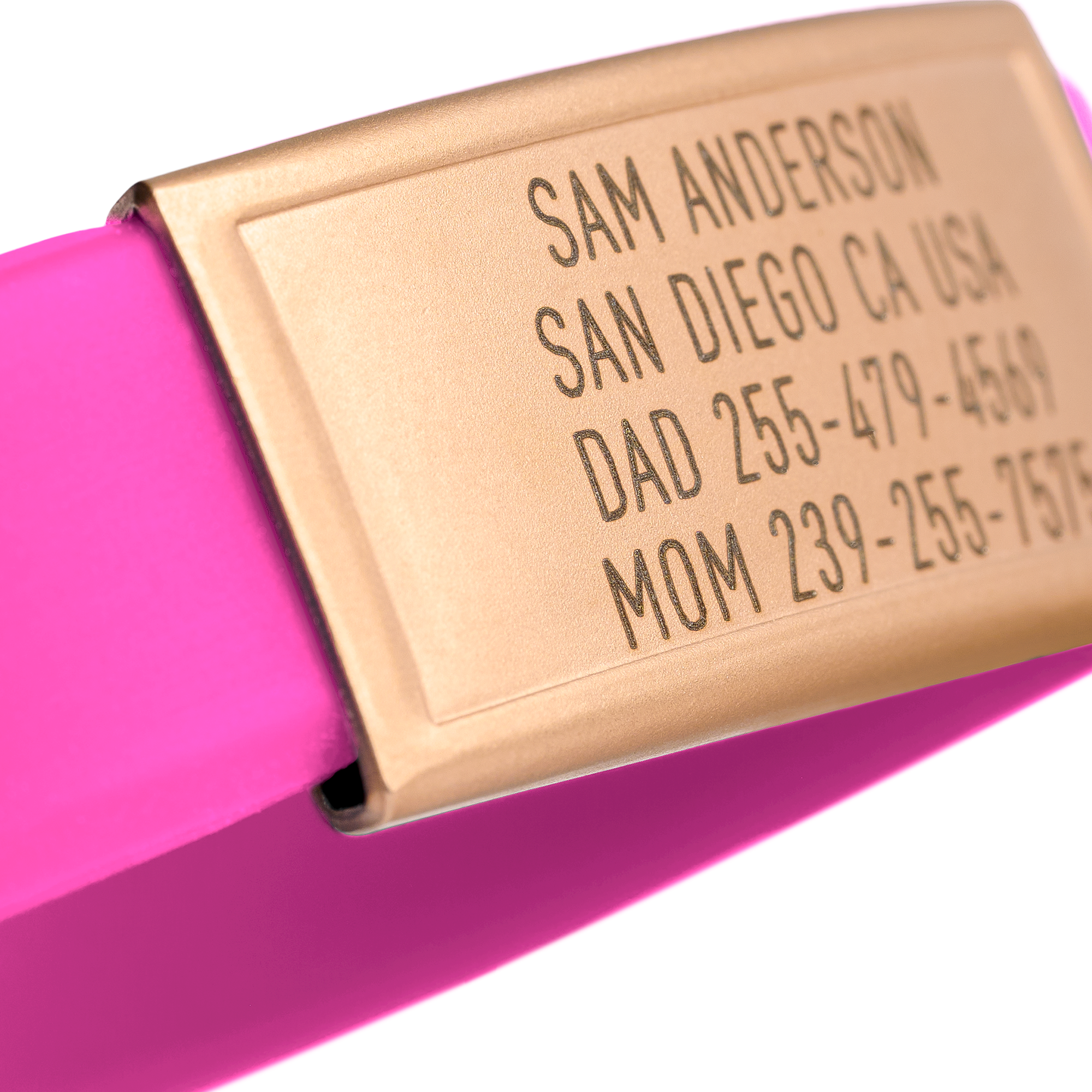 Close-up of Pink ID tag Sprint wristband by BRECK iD