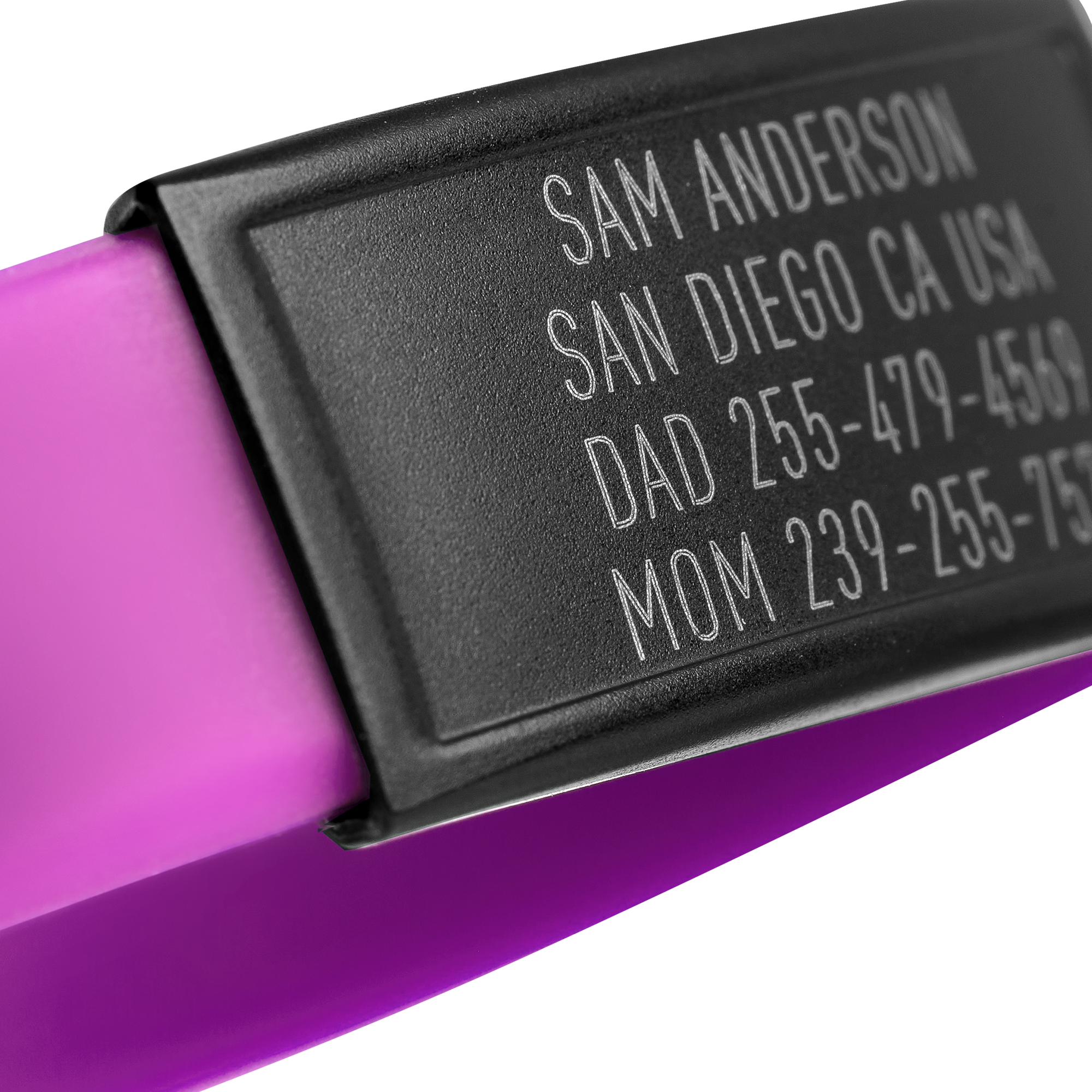 Close-up of Purple silicone with Black ID tag Sprint wristband by BRECK iD