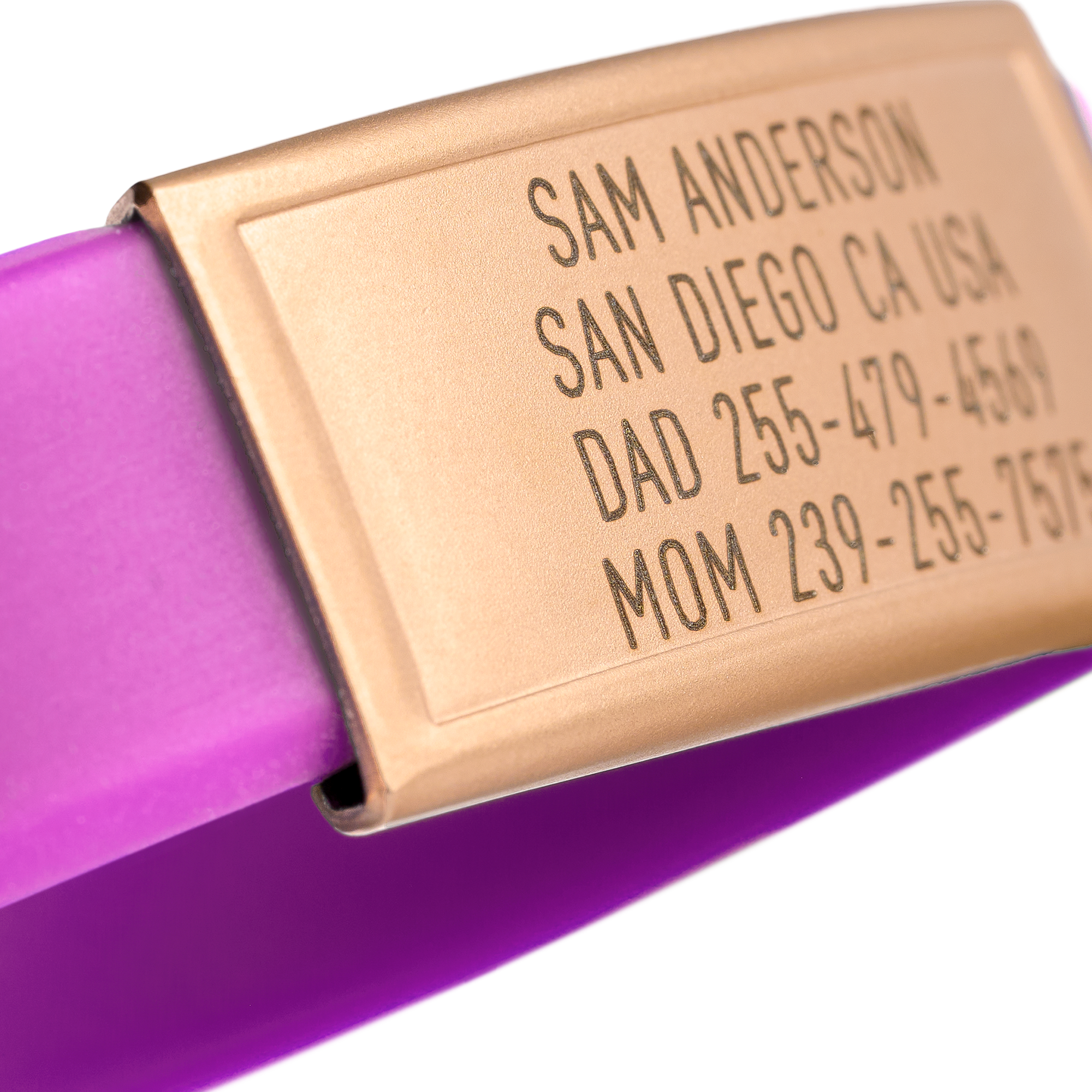 Close-up of Purple silicone with Gold ID tag Sprint wristband by BRECK iD