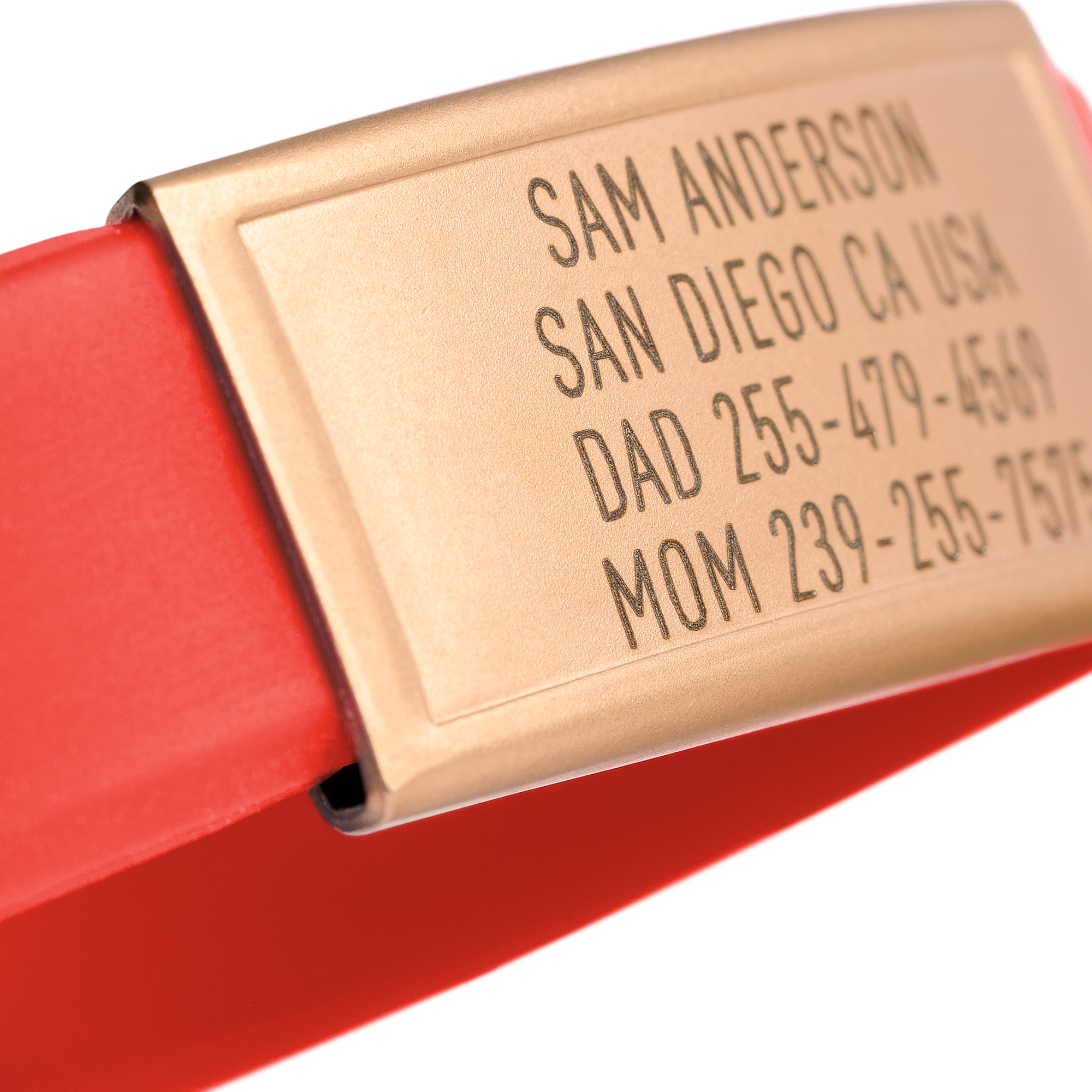 Close-up of Red silicone with Gold ID tag Sprint wristband by BRECK iD
