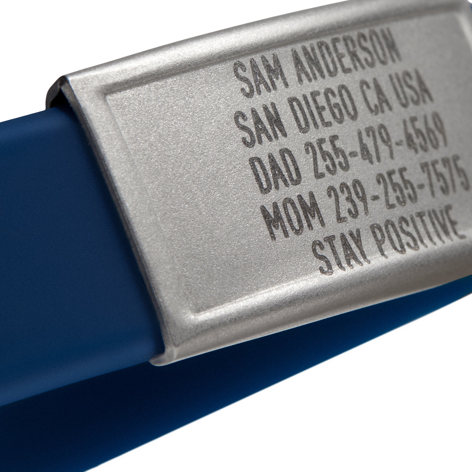Close-up of a Blue silicone with Silver ID tag Sprint wristband by BRECK iD