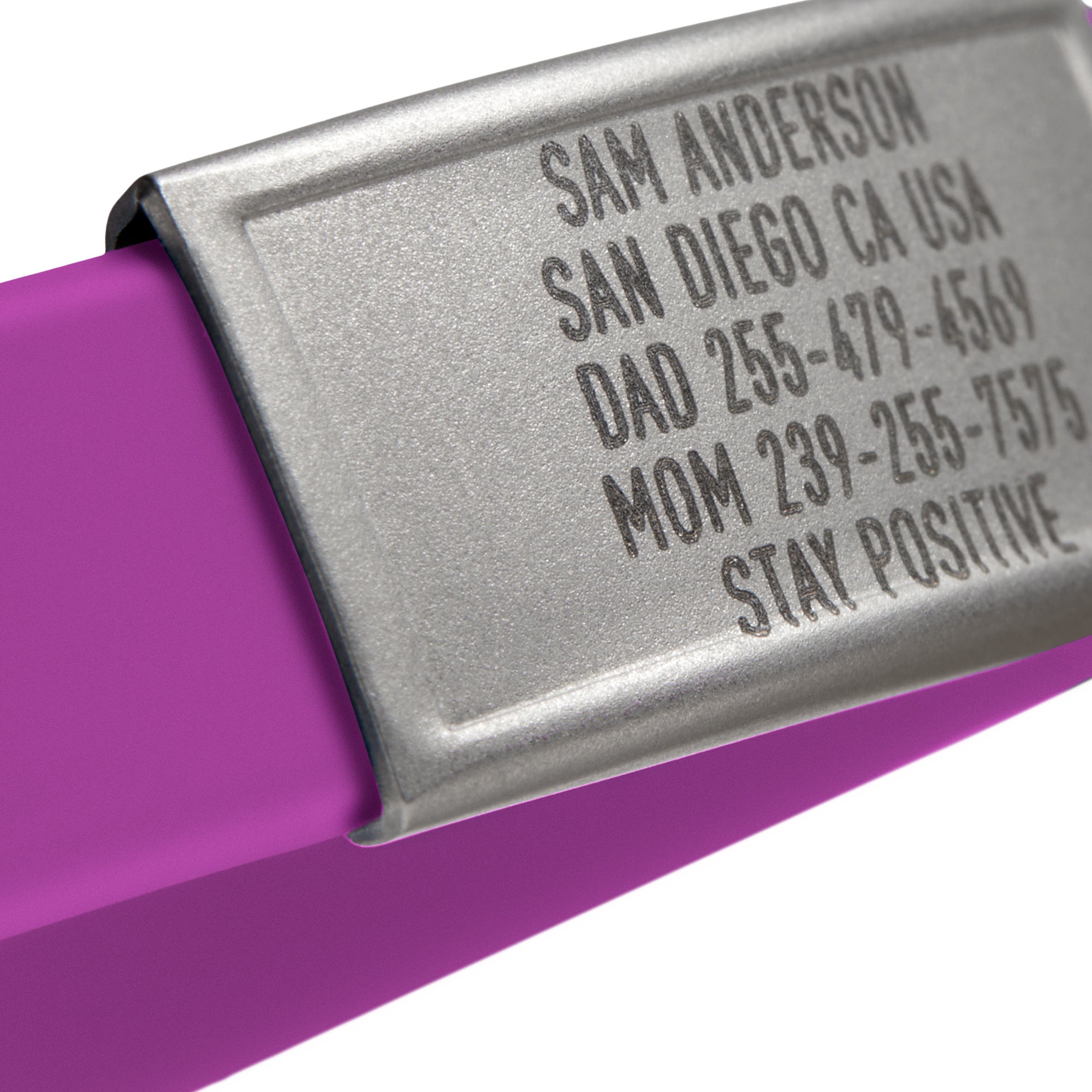 Close-up of a Purple silicone with Silver ID tag Sprint wristband by BRECK iD