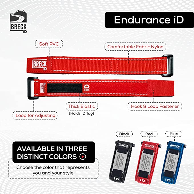 Endurance medical ID wristbands in black, blue, and red colours
