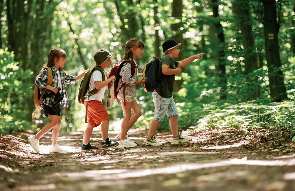 A group of kids hiking through the woods.