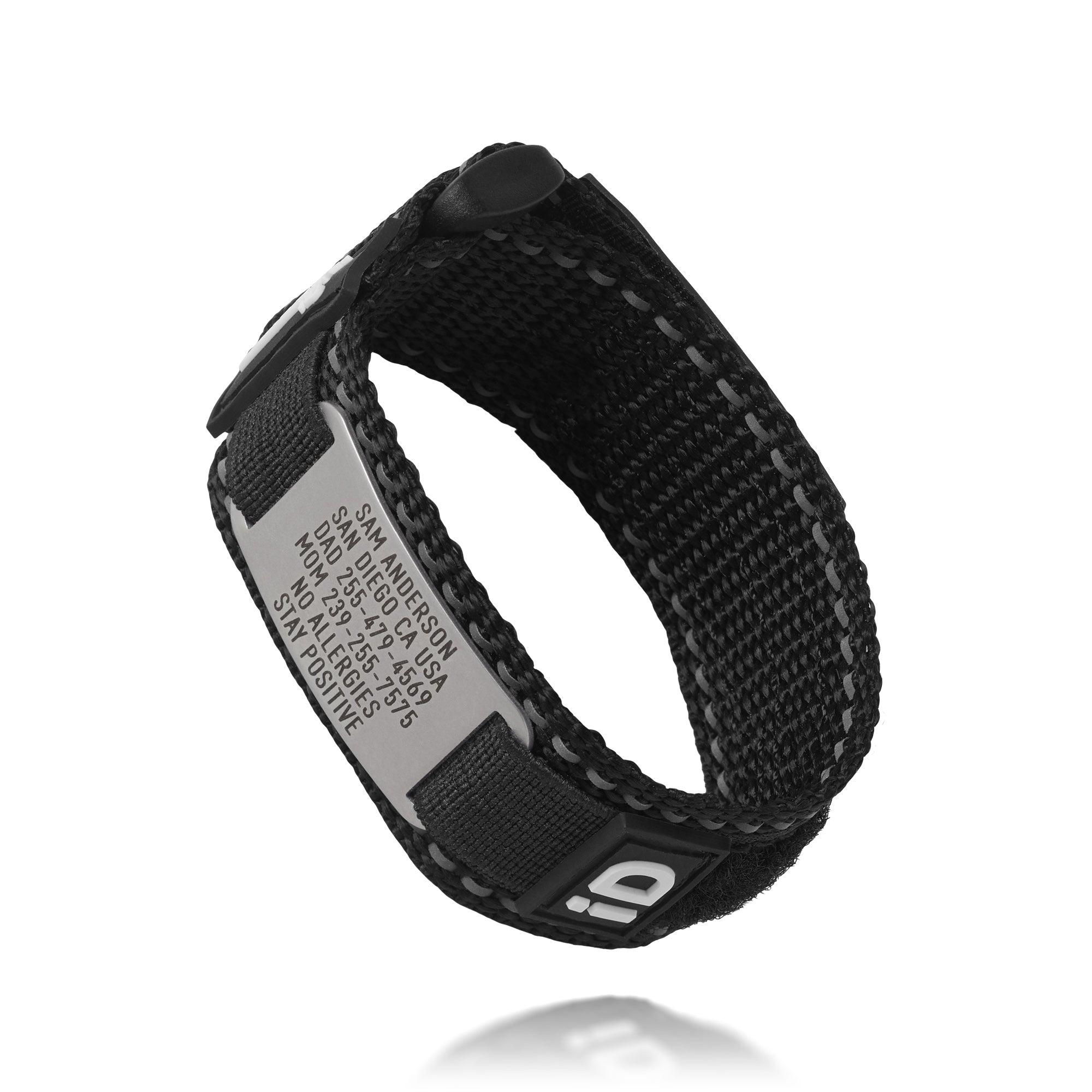 Black Endurance medical ID wristband showing emergency text and profile access details