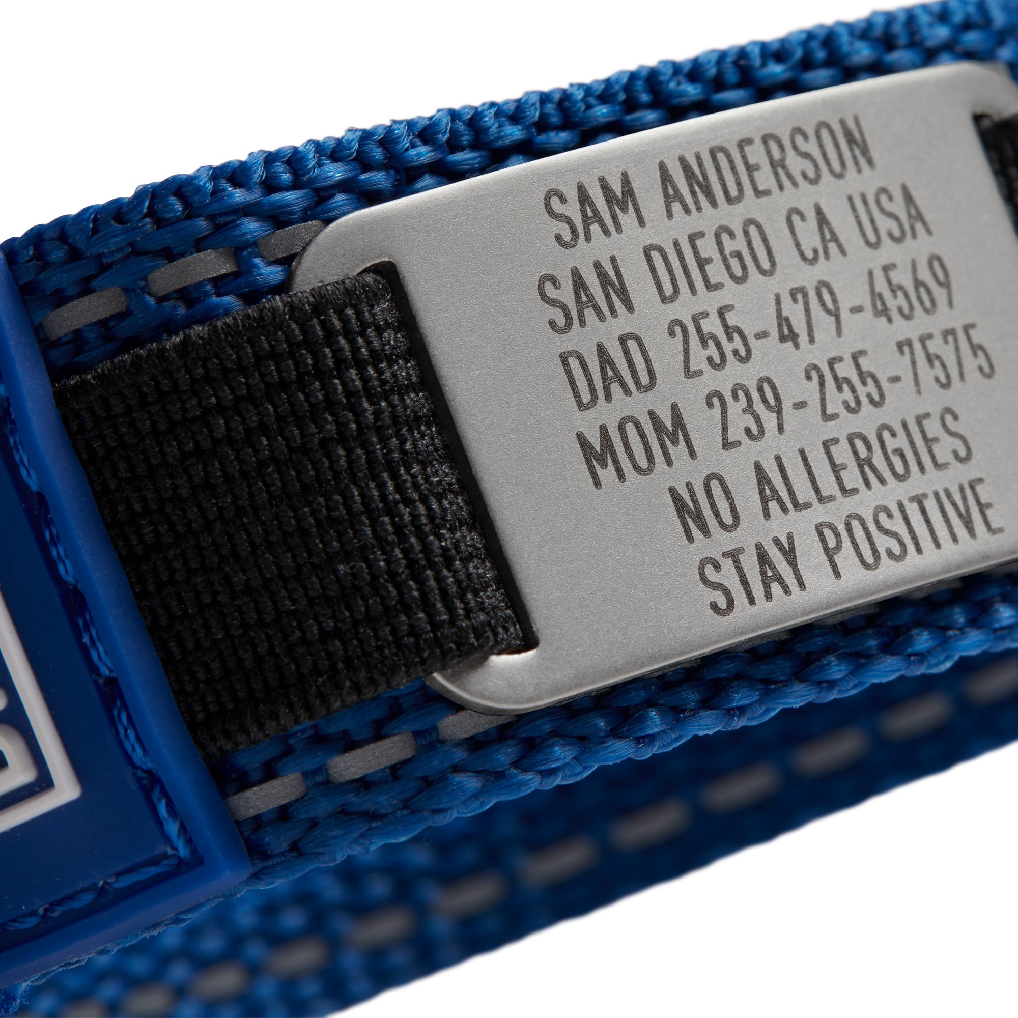 Blue Endurance medical ID wristband showing engraved emergency information