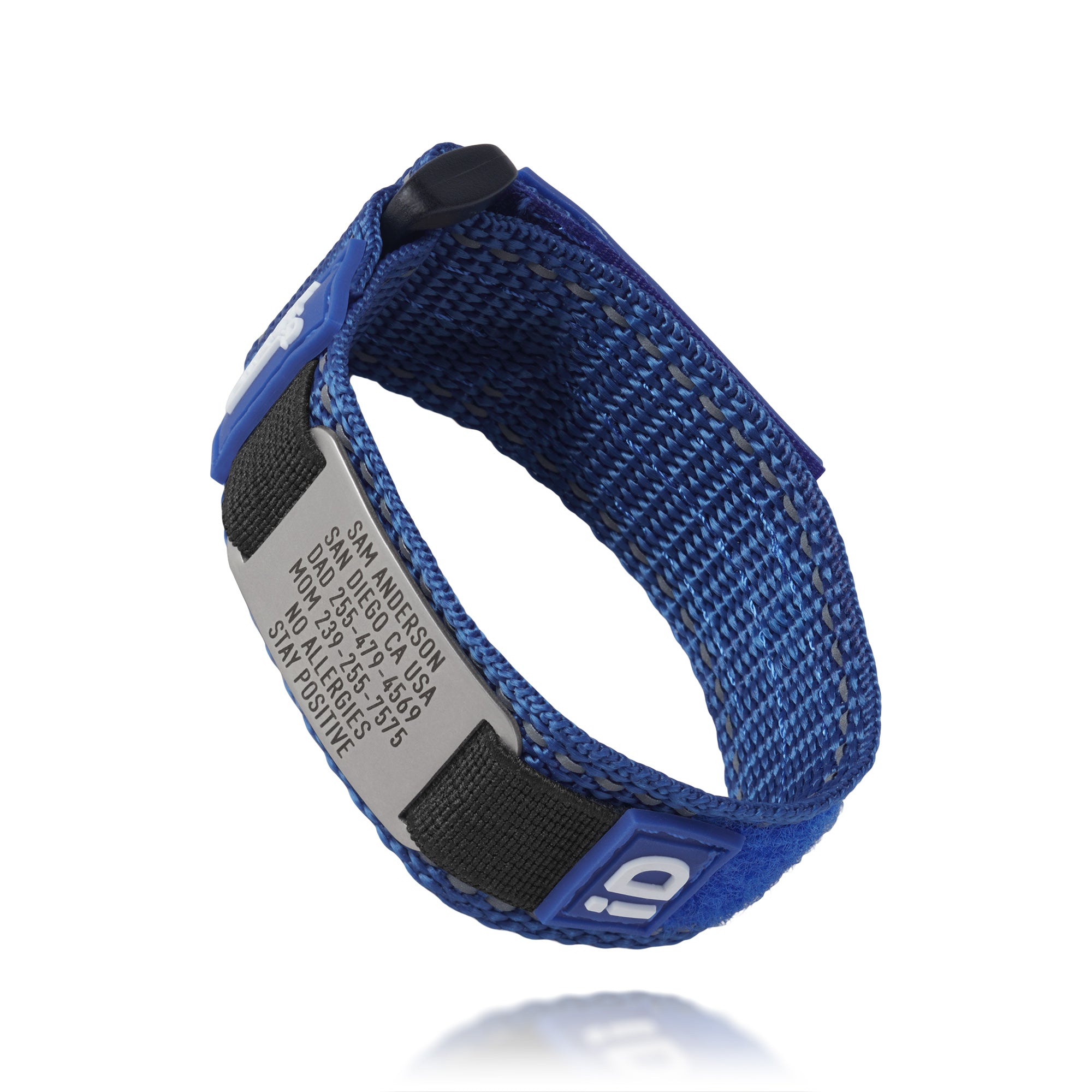 Blue Endurance medical ID wristband showing emergency text and profile access details