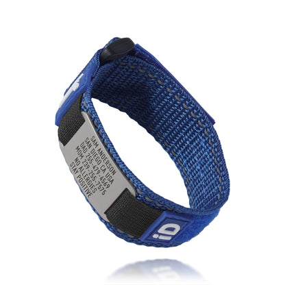 Blue Endurance medical ID wristband showing emergency text and profile access details