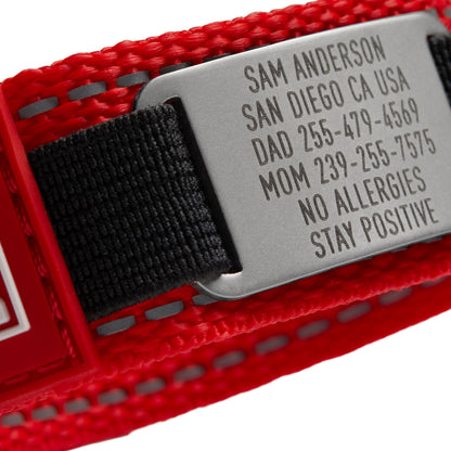 Red Endurance medical ID wristband showing engraved emergency information