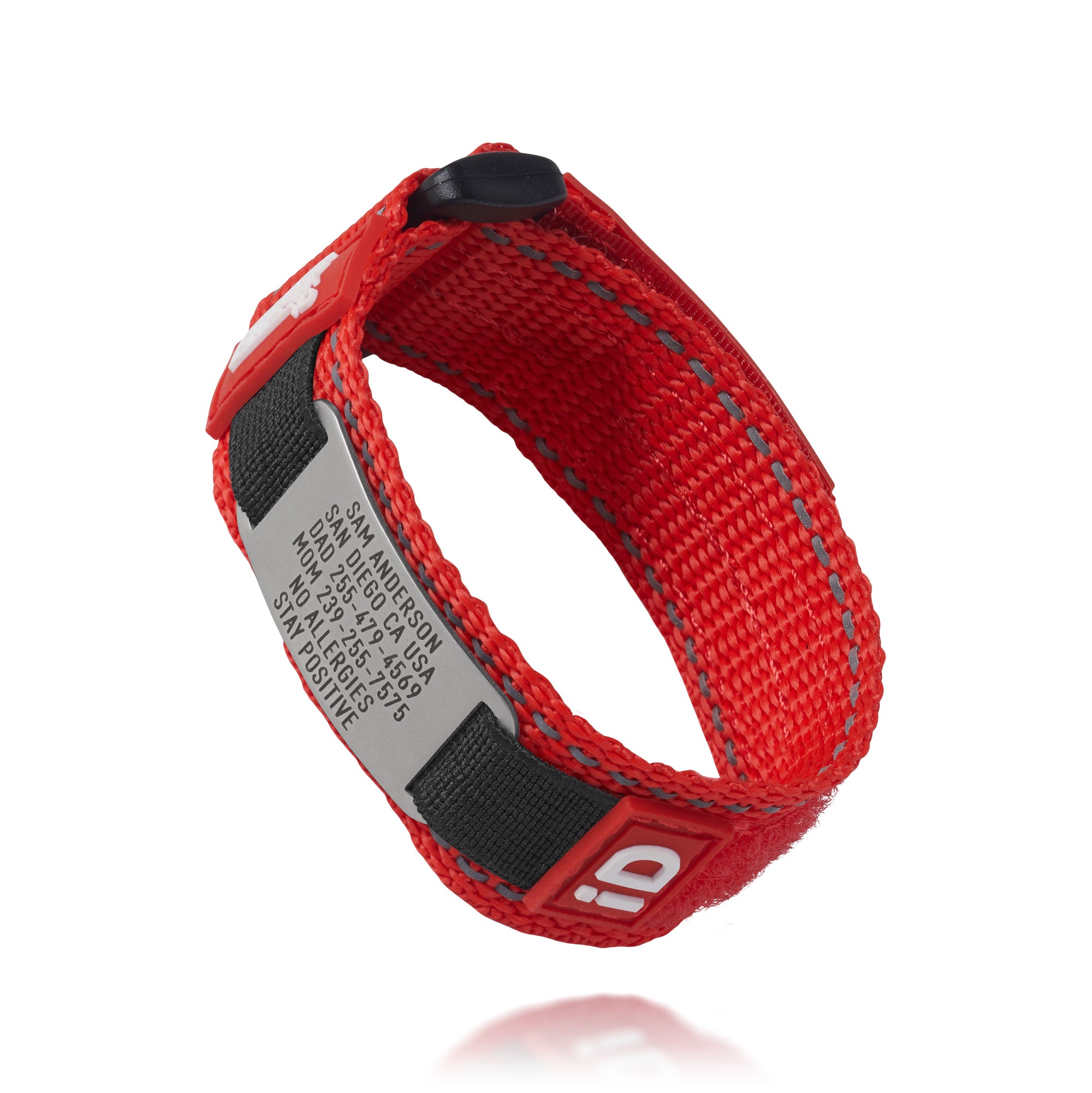 Red Endurance medical ID wristband showing emergency text and profile access details