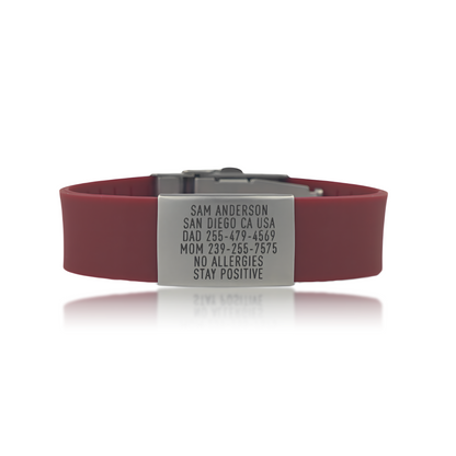 Pro silver medical ID wristband with silicone band, maroon colour