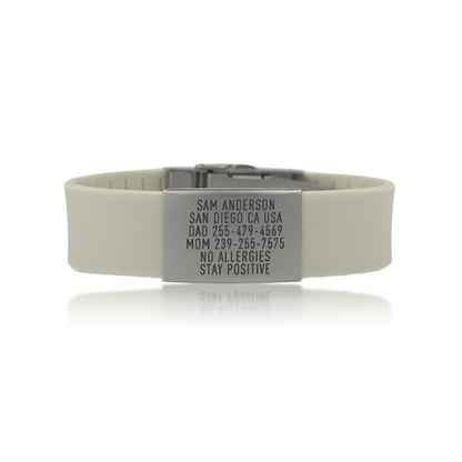 Pro silver medical ID wristband with silicone band, pearl white colour