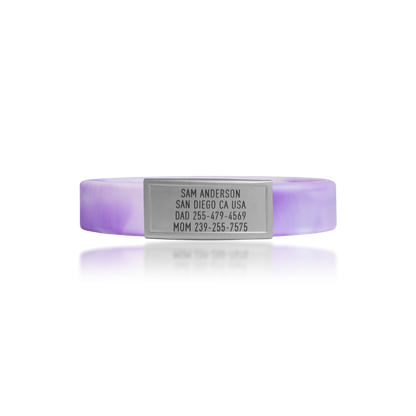 Purple and White silicone with Silver ID tag Sprint wristband by BRECK iD